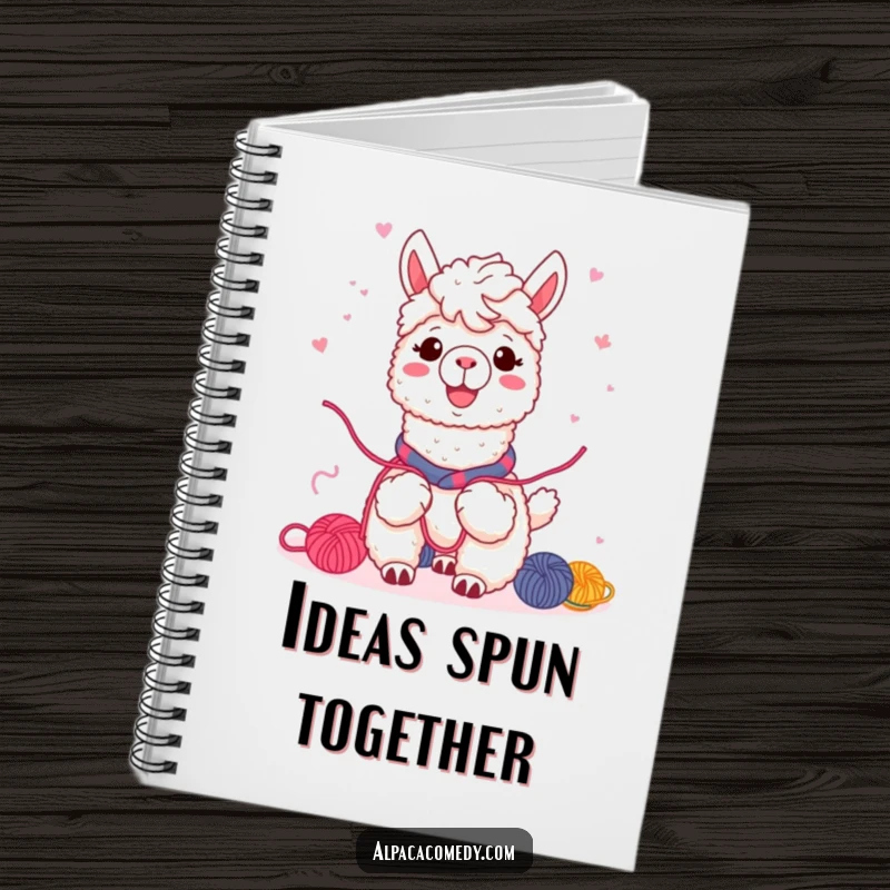 Funny Kawaii alpaca notebook, featuring friends sharing yarn with warm smiles, perfect for jotting down notes and fostering connections.