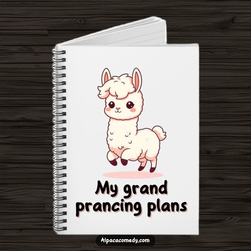 Funny Kawaii Alpaca Notebook with a fluffy-maned alpaca enthusiastically prancing, perfect for jotting down funny thoughts and ideas.