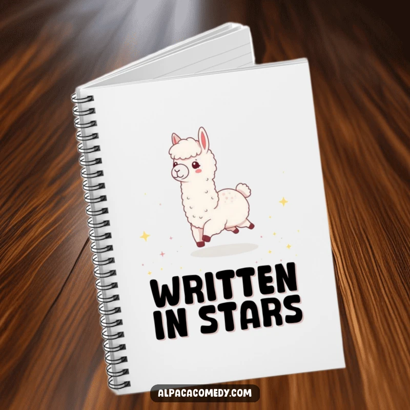 Funny Kawaii Alpaca Notebook, with a happy alpaca skipping joyfully through a field of sparkling, tiny stars.