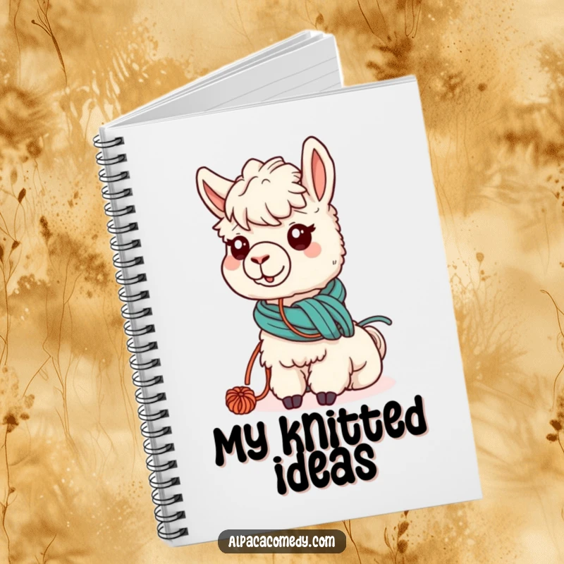 Funny notebook cover with a kawaii alpaca humorously tangled in yarn while grazing, perfect for journaling and creative planning.