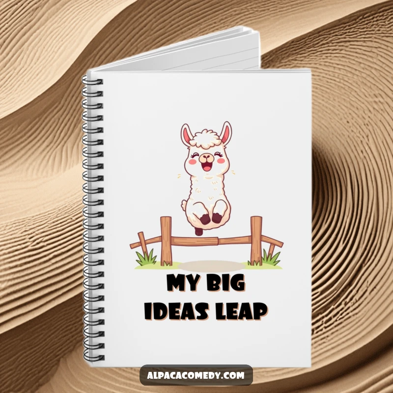 Funny notebook cover art of an excited alpaca character leaping over a fence with a cheerful bleat, ready for your notes.