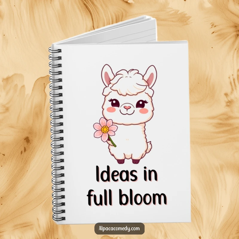 Funny notebook cover art of a winking alpaca character offering a bloom with a gentle smile, ready for your notes.