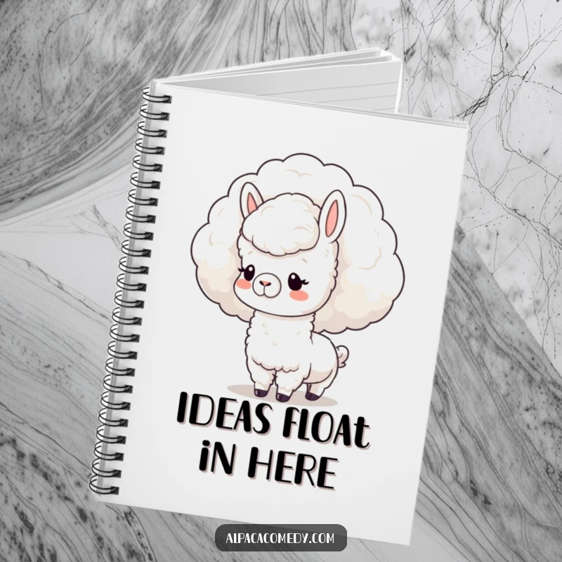 Funny Notebook: Sweet kawaii alpaca with a soft expression, nuzzling a fluffy cloud, ready to capture your whimsical thoughts.