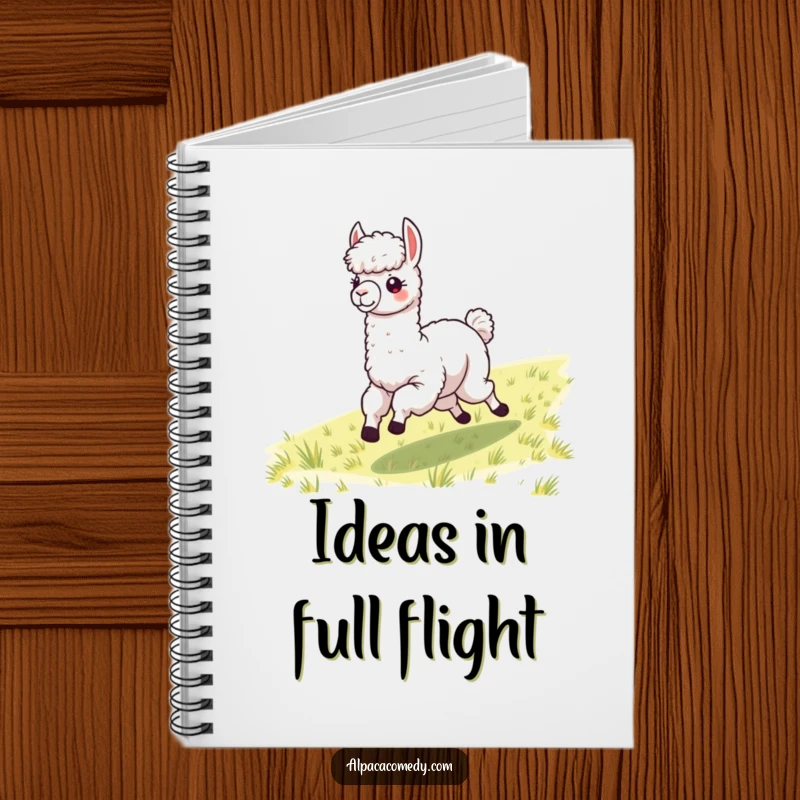Funny alpaca galloping with windblown fleece, beautifully illustrated on a notebook cover for creative and humorous note-taking.