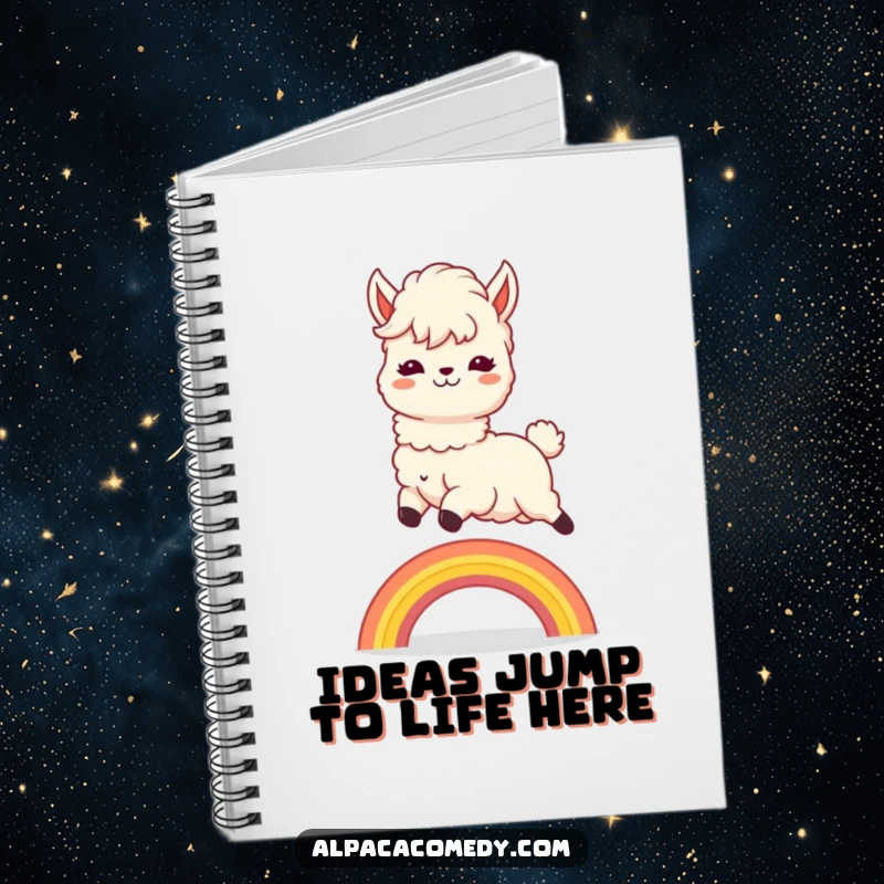 Funny Notebook: Sweet kawaii alpaca mid-leap over a rainbow, ready to capture your brilliant ideas and happy notes.