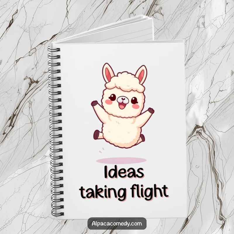 Funny Kawaii Alpaca Notebook adorned with an alpaca joyfully leaping with soft, woolly legs, ideal for journaling with a smile.