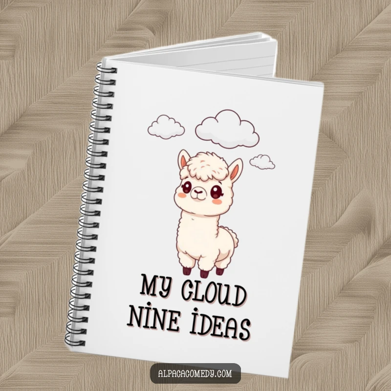 Funny Alpaca Notebook: An alpaca character curiously observing fluffy clouds, embodying a funny, thoughtful mood.