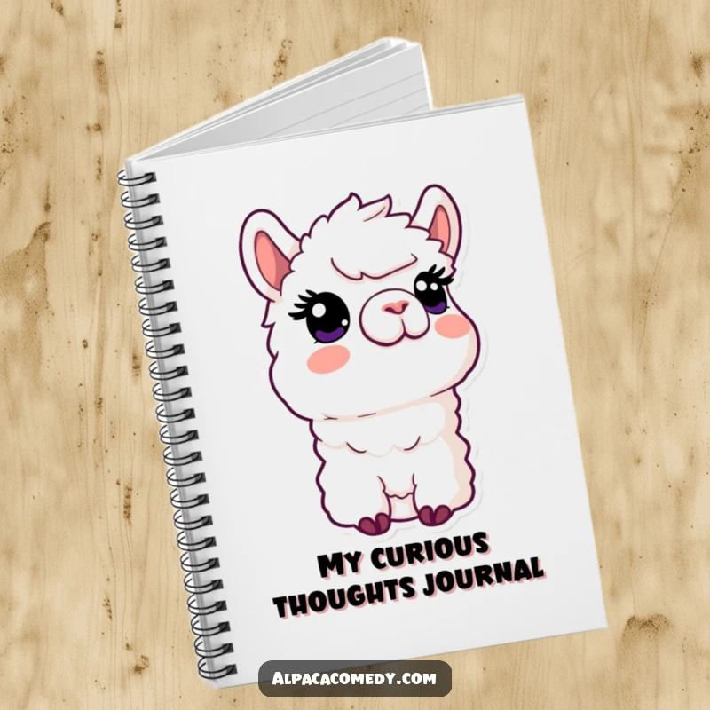 Funny Kawaii Alpaca Notebook adorned with an alpaca having a curious expression looking upwards, ideal for journaling with a smile.