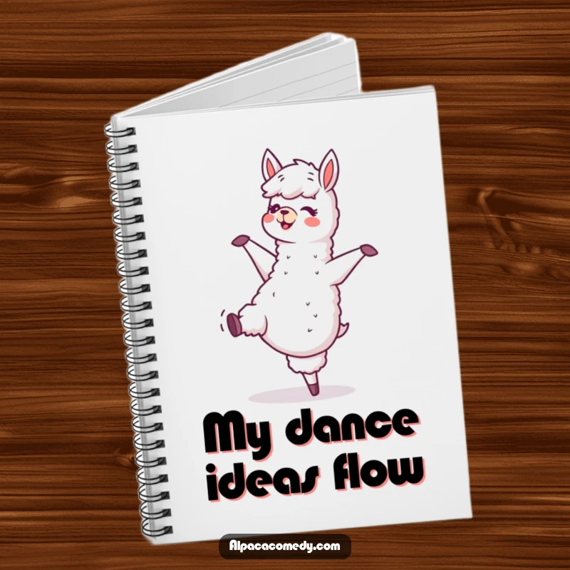 Funny notebook with a joyful alpaca character dancing, hooves tapping, perfect for capturing thoughts, doodles, and inspired ideas.