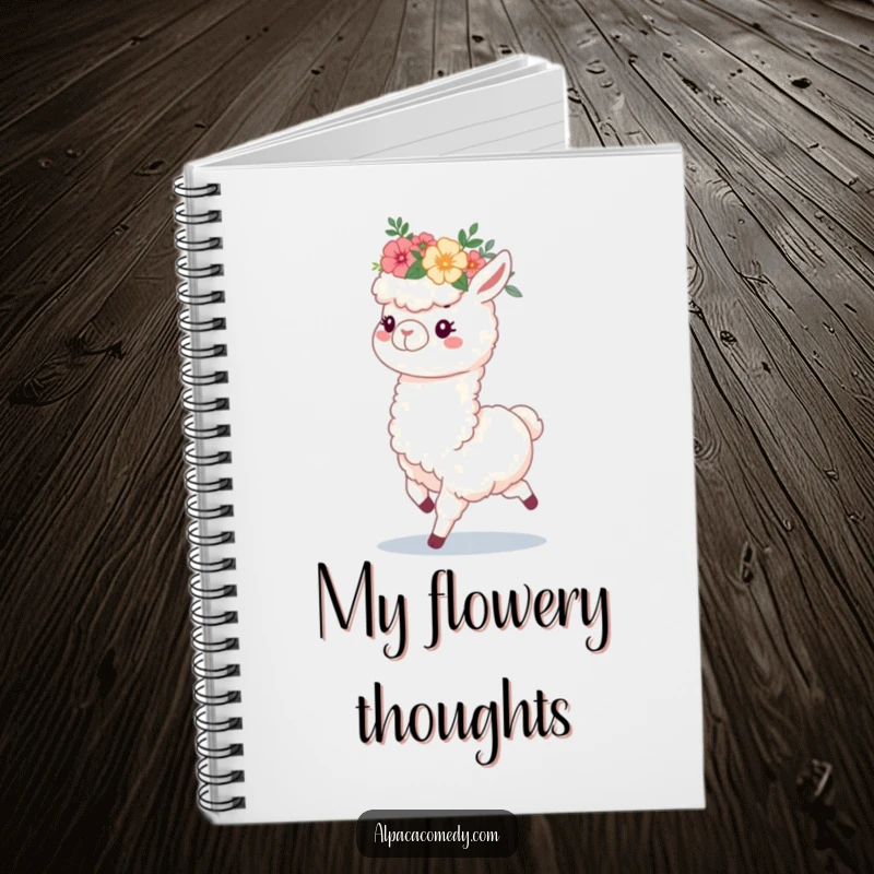 Funny notebook cover with a fluffy alpaca wearing a flower crown, prancing with pure happiness, perfect for journaling and creativity.