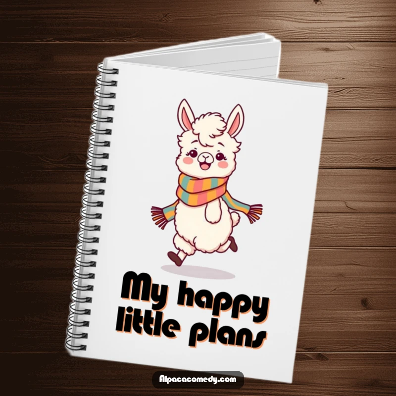 Funny notebook cover art of a playful alpaca character in a colorful scarf, skipping with joyful abandon, ready to hold your notes.