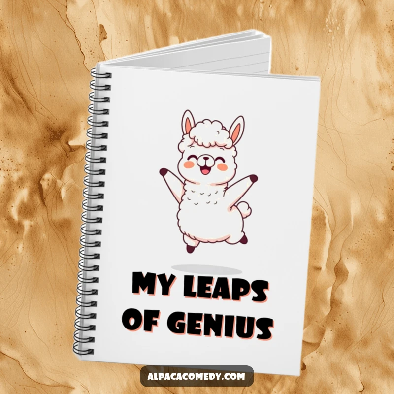 Funny notebook cover with an alpaca character jumping joyfully, its wool flying dynamically, perfect for capturing ideas with enthusiasm.