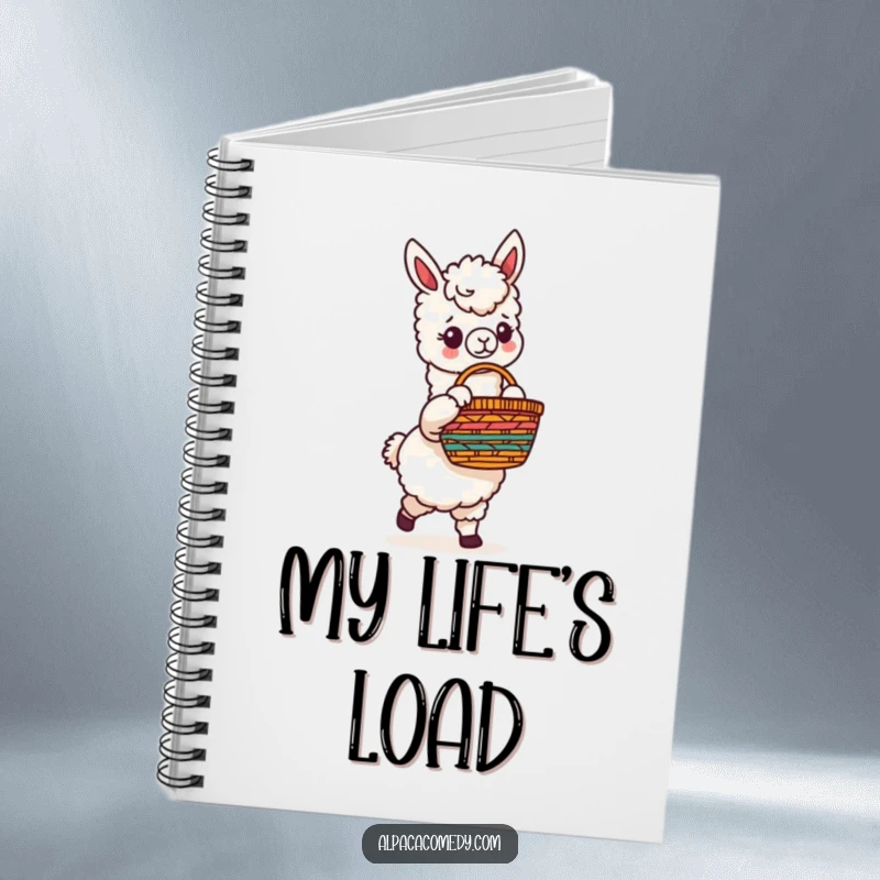 Funny notebook cover featuring a whimsical alpaca character holding a beautifully detailed, multi-colored woven basket, ready for notes.