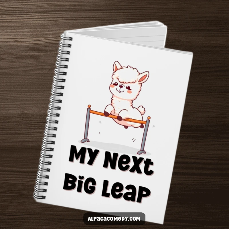 Funny Alpaca Notebook: An alpaca character excitedly leaping over a small hurdle, ready to tackle funny goals.