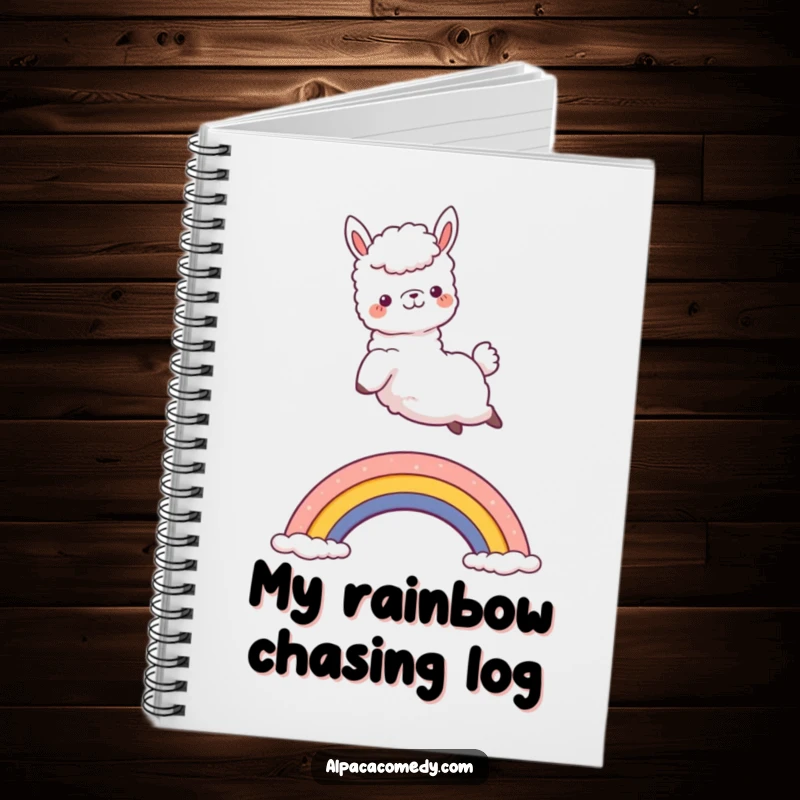 Funny Kawaii Alpaca Notebook with a joyful alpaca leaping over a rainbow, perfect for writing down cheerful and humorous ideas.