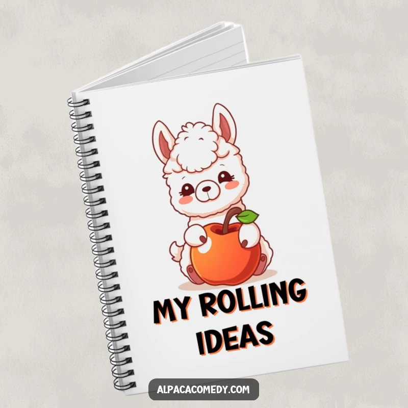 Funny notebook displaying an alpaca character playfully nudging a rolling apple, symbolizing curiosity and gentle encouragement for ideas.