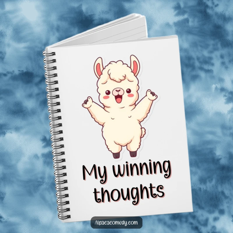 Funny notebook displaying an alpaca character cheering with both front legs raised, perfect for recording winning ideas and inspirations.