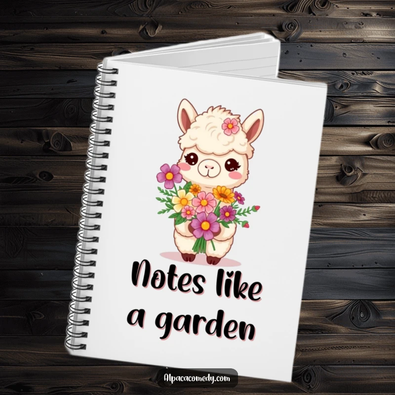 Funny smiling alpaca proudly presenting a bouquet of vibrant flowers, beautifully illustrated on a notebook cover for humorous note-taking.