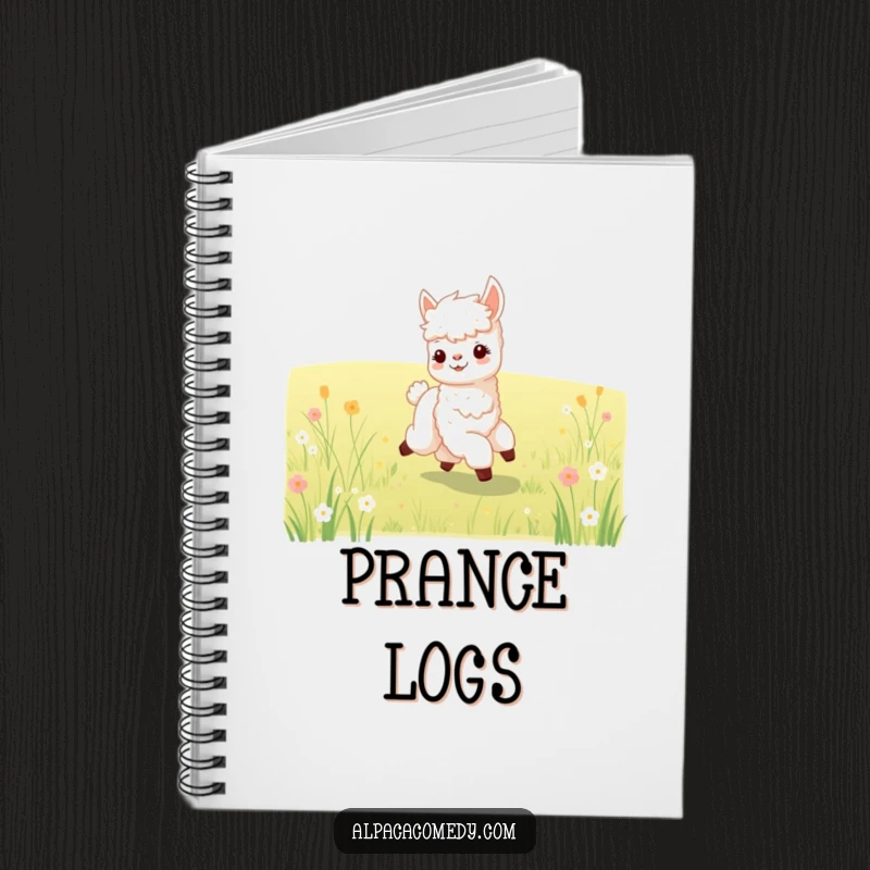 Funny notebook with a happy baby alpaca prancing in a meadow, ideal for notes, journaling, and sweet humor.