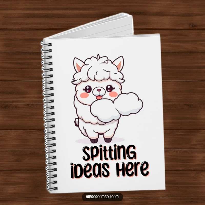 Funny notebook featuring a happy alpaca spitting a fluffy cloud, perfect for notes, journaling, and adding humor.