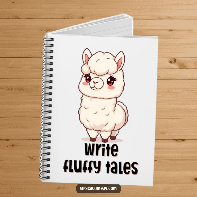 Funny notebook cover depicting a friendly alpaca offering a generous clump of its soft, fluffy wool, perfect for note-taking.