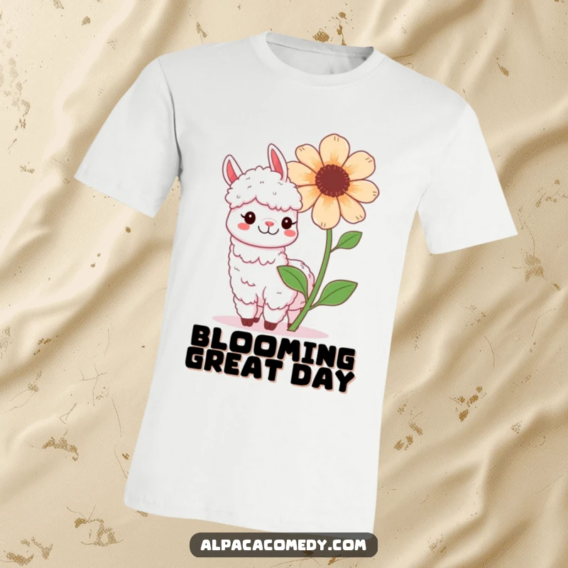 Funny Kawaii Alpaca T-Shirt, depicting a cheerful alpaca playfully posing with an oversized, blooming flower, grinning widely.
