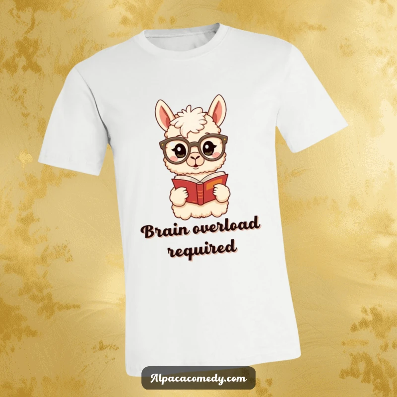 Funny Alpaca T-Shirt: An astonished alpaca dons oversized spectacles while absorbed in reading a book, showcasing a humorous intellectual pursuit.