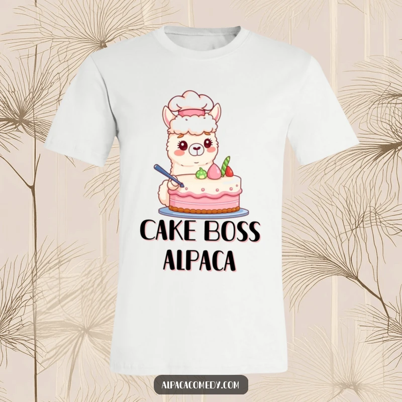 Funny t-shirt showing a focused alpaca wearing a chef's hat, artfully piping frosting onto a tiered pastel cake, radiating sweetness.