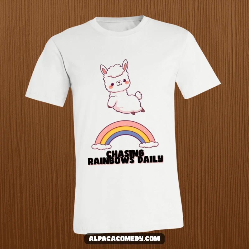 Funny Kawaii Alpaca T-Shirt featuring a joyful alpaca jumping over a small rainbow, radiating happiness and playful humor.