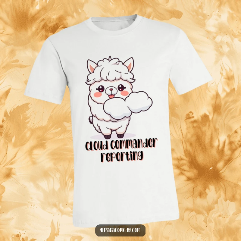 Funny t-shirt showcasing a cheerful alpaca character energetically spitting a soft cloud, a unique and humorous graphic for laughter.