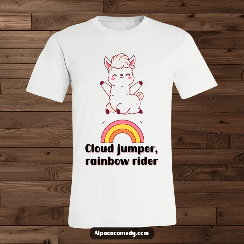 Funny Kawaii alpaca t-shirt, joyfully leaping over a bright rainbow, fluffy mane in motion, celebrating life's colorful moments.