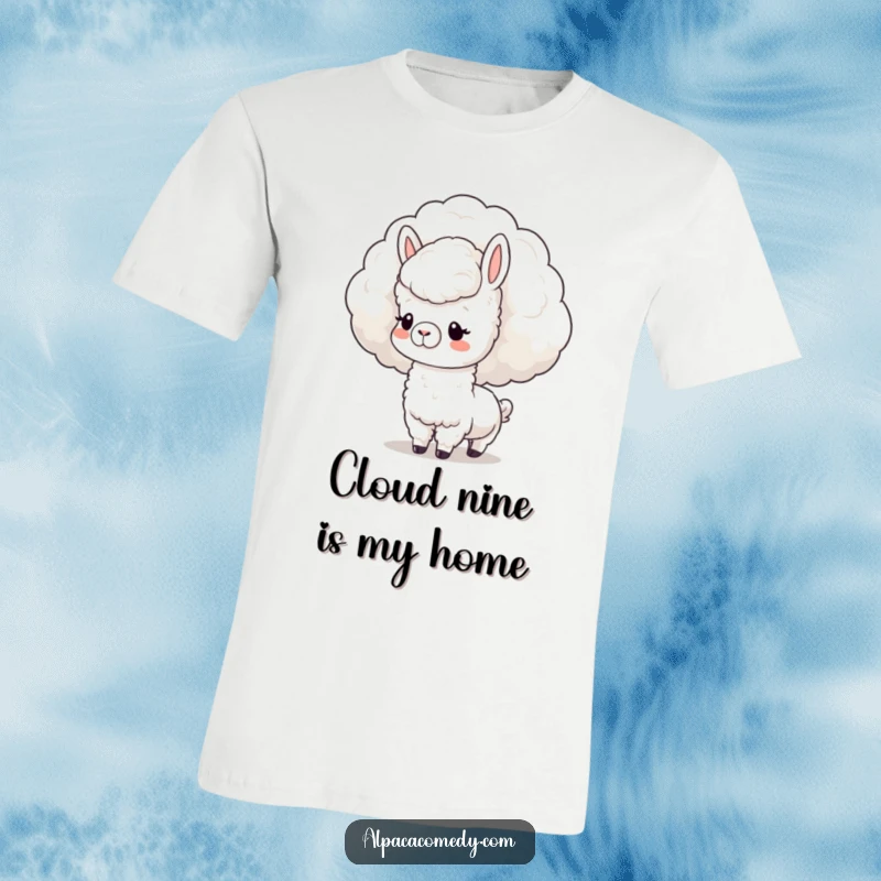 Funny T-Shirt: Adorable kawaii alpaca with a gentle expression, curiously nuzzling a fluffy cloud, a symbol of sweet imagination.