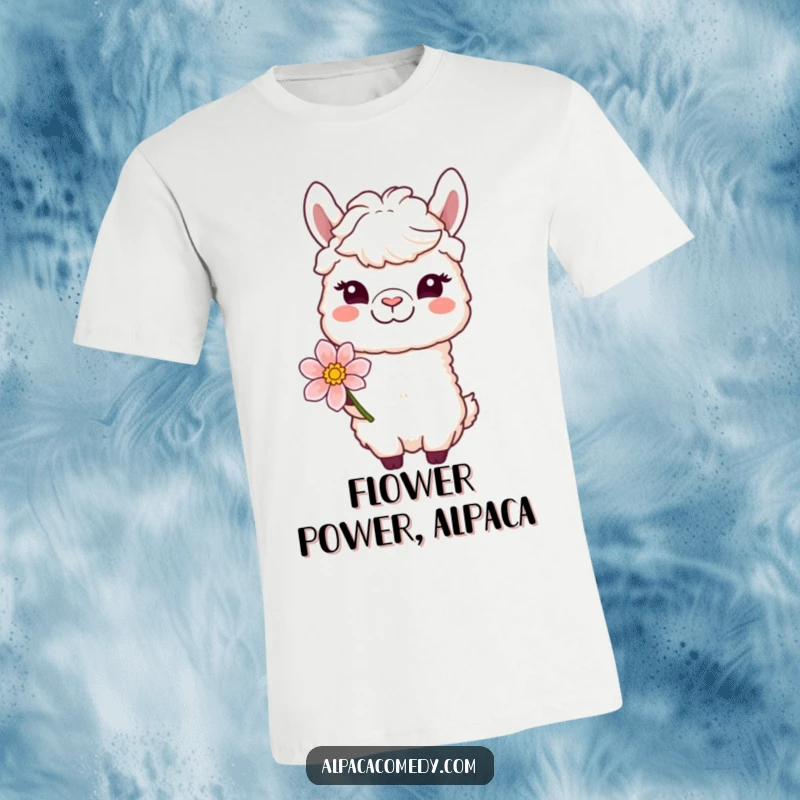 Funny t-shirt of a winking alpaca character offering a flower with a gentle smile, conveying sweetness and playful charm.