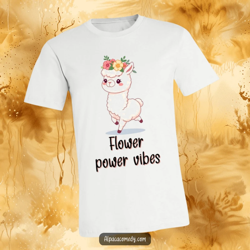 Funny t-shirt with a fluffy alpaca wearing a colorful flower crown, captured mid-prance with pure happiness.