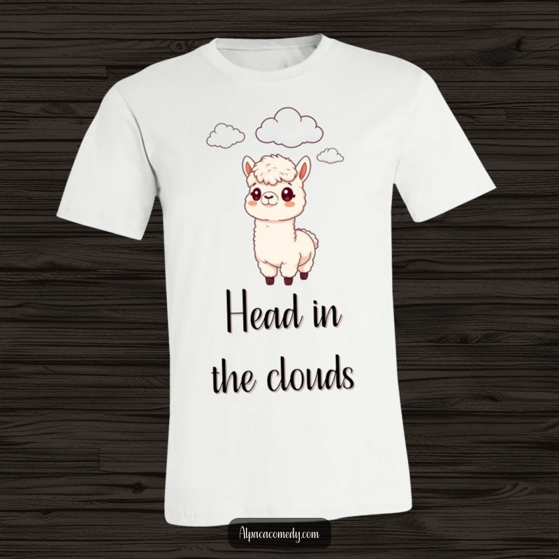 Funny Alpaca T-Shirt: An alpaca with a funny, curious expression, gazing intently at the fluffy clouds above.