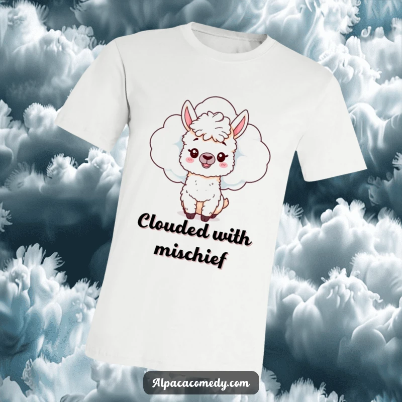 Funny Alpaca T-Shirt: A mischievous alpaca hides behind a fluffy cloud, peeking out with a playful and secretive expression.