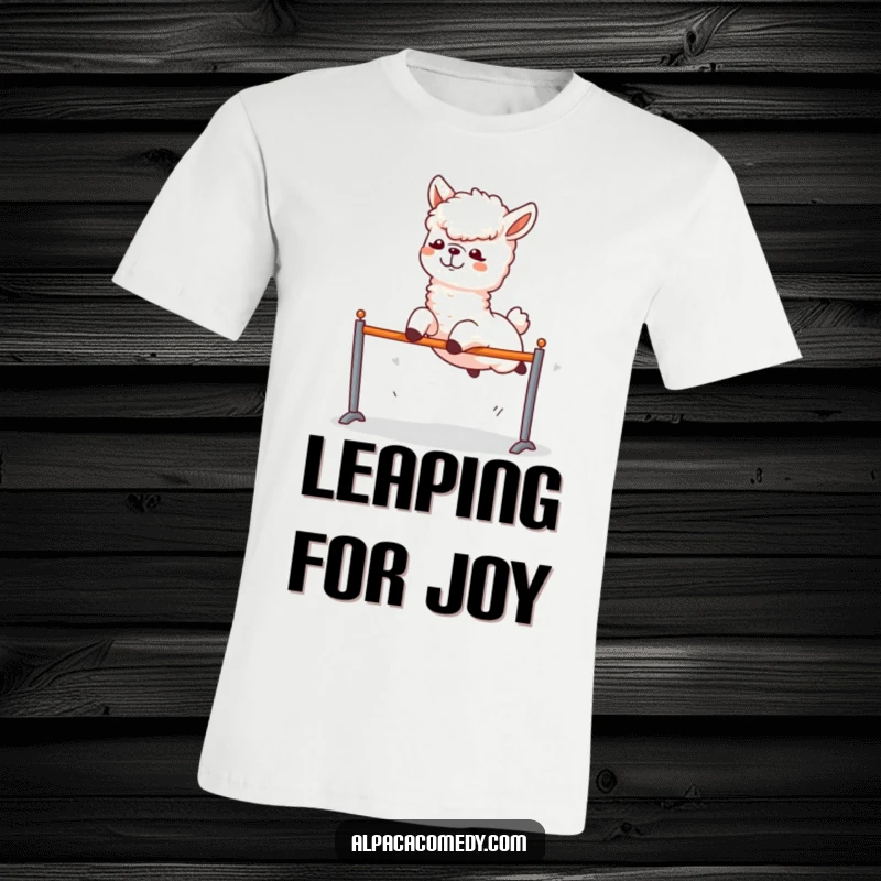 Funny Alpaca T-Shirt: A determined alpaca in mid-air, excitedly leaping over a hurdle with a big, funny smile.