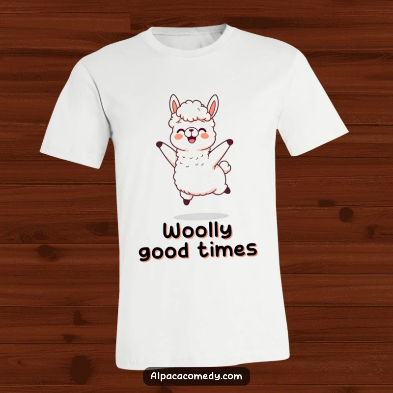 Funny t-shirt showing an alpaca character joyfully jumping, with its wool flying wildly, embodying unrestrained happiness and energy.