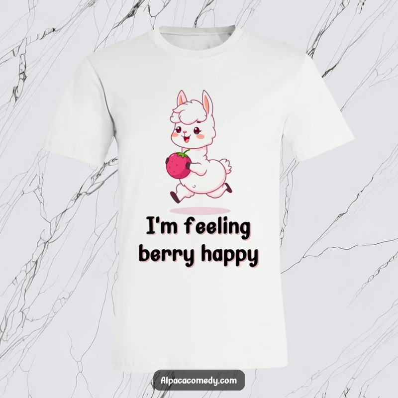 Funny t-shirt: A happy alpaca character skips joyfully, holding a large, sweet berry, embodying pure delight and carefree fun.
