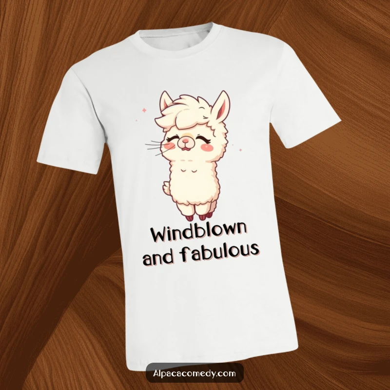 Funny Alpaca T-Shirt: A joyful alpaca character caught in a fit of giggles as the wind styles its fluffy hair.