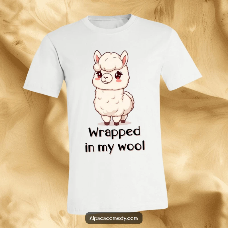 Funny t-shirt with a cheerful alpaca offering a big bundle of its signature soft, fluffy wool, ideal for casual wear.