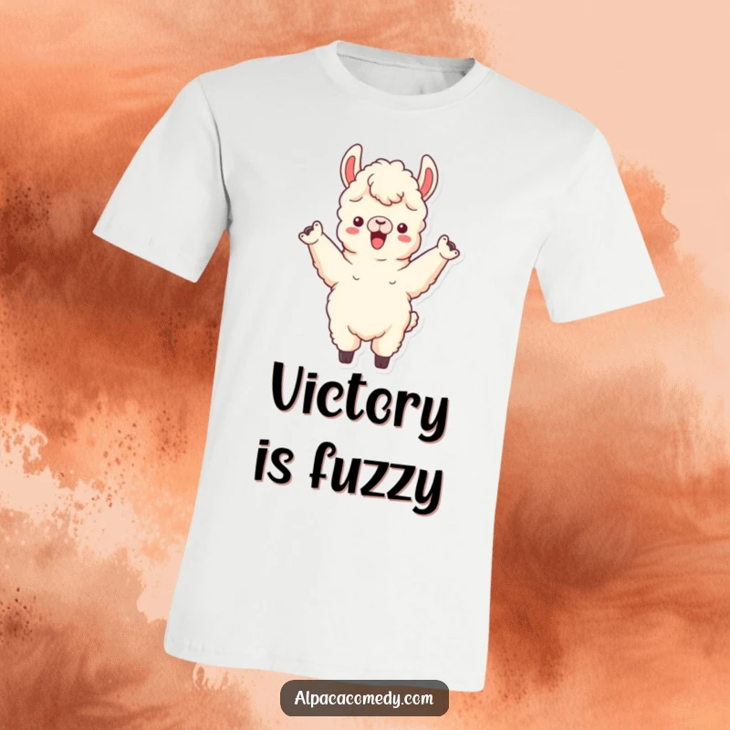 Funny t-shirt showcasing an alpaca character in a triumphant pose, both front legs raised high in a gesture of enthusiastic cheering.