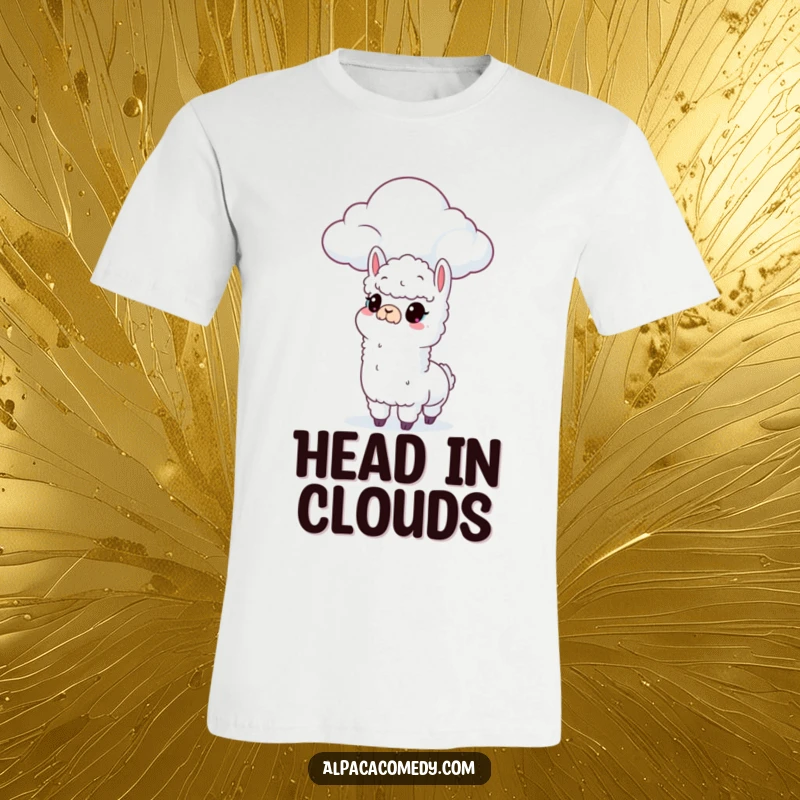 Funny t-shirt depicting an inquisitive alpaca gazing upwards with wonder at a whimsical, solitary cloud drifting in an open sky.