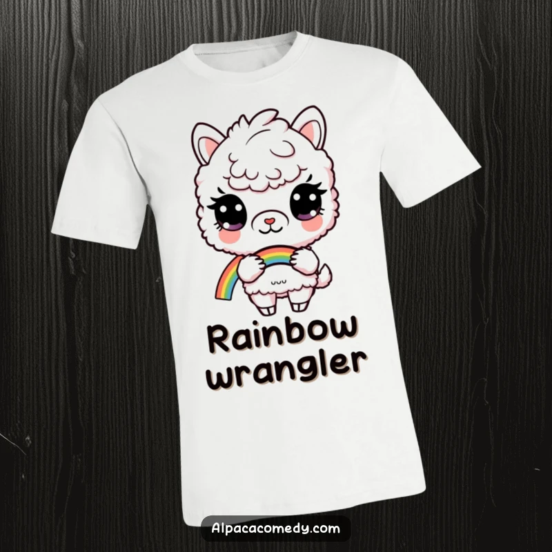 Funny t-shirt showcasing a curious alpaca with wide eyes holding a beautiful rainbow, a symbol of wonder and imagination.