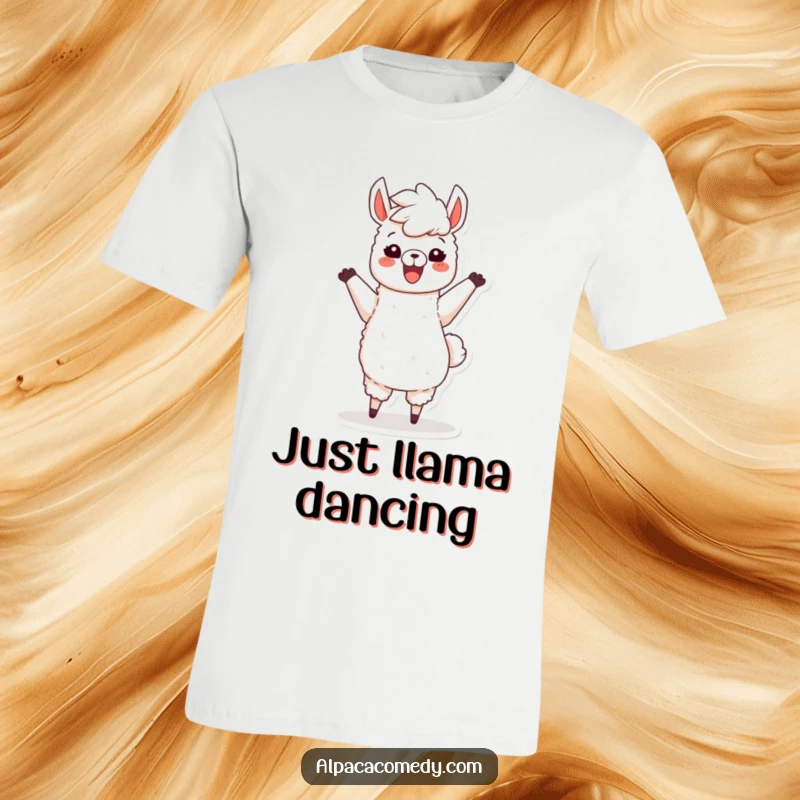 Funny t-shirt showcasing a happy alpaca character dancing with wild abandon, its fluffy mane flying, embodying pure, unadulterated joy.
