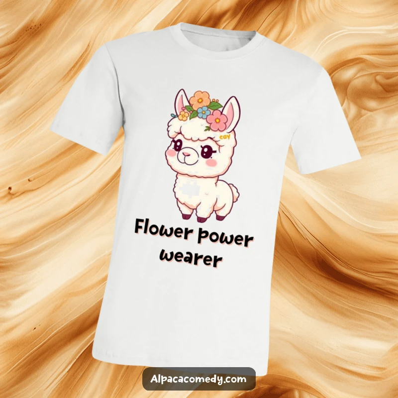Funny t-shirt with a playful alpaca wearing a vibrant flower crown, embodying cute style and lighthearted humor.