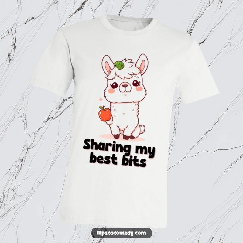 Funny Alpaca T-Shirt: A happy alpaca with a kind heart offers a small, fresh apple, symbolizing warmth and generosity.