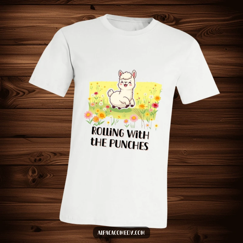 Funny t-shirt featuring a joyful alpaca rolling ecstatically in a lush field brimming with colorful wildflowers, celebrating pure happiness.