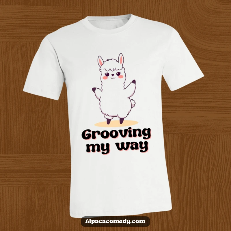 Funny kawaii alpaca performing a silly, swaying dance with joyful energy, showcasing a fun-loving spirit on this comfortable t-shirt.