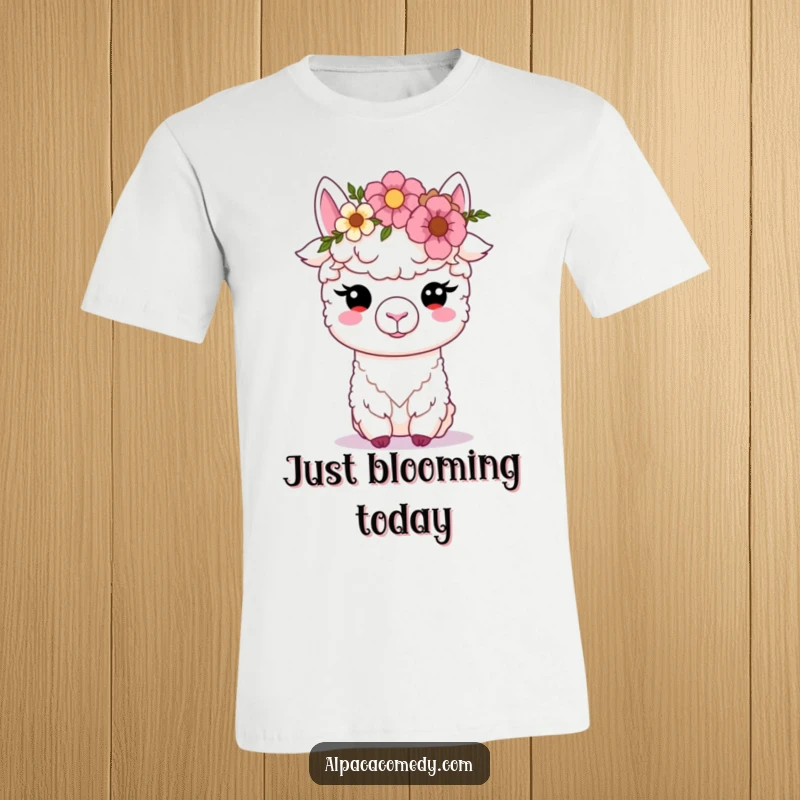 Funny Kawaii alpaca t-shirt, wearing a vibrant flower crown, soft eyes gazing peacefully, embodying a gentle and happy disposition.